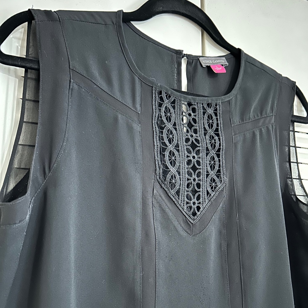 Vince Camuto Black Sleeveless Blouse Sheer Overlay Lace Front Detail Size S